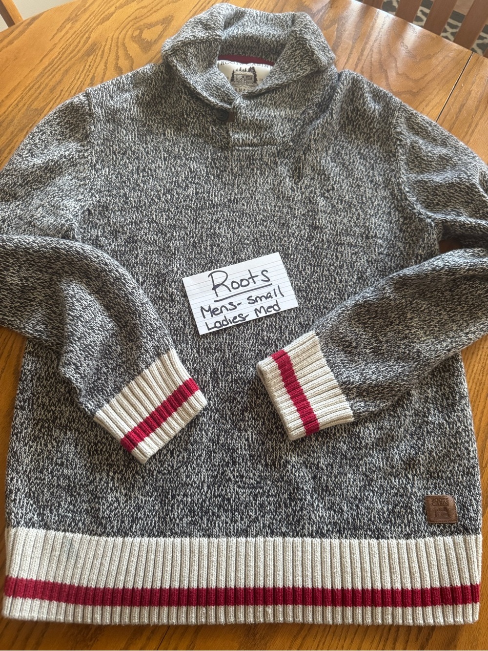 Roots Men’s -ladies Shawl Collar Sweater with Red Trim